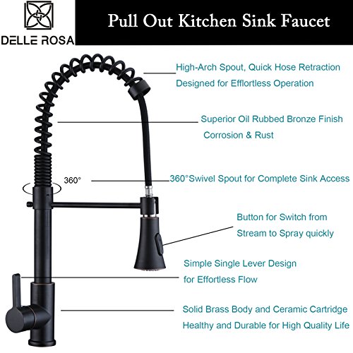 Pre-rinse Spring Kitchen Faucet Delle Rosa Durable and Sturdy Single Handle Pull Out Kitchen Sink Faucet, Oil Rubbed Bronze