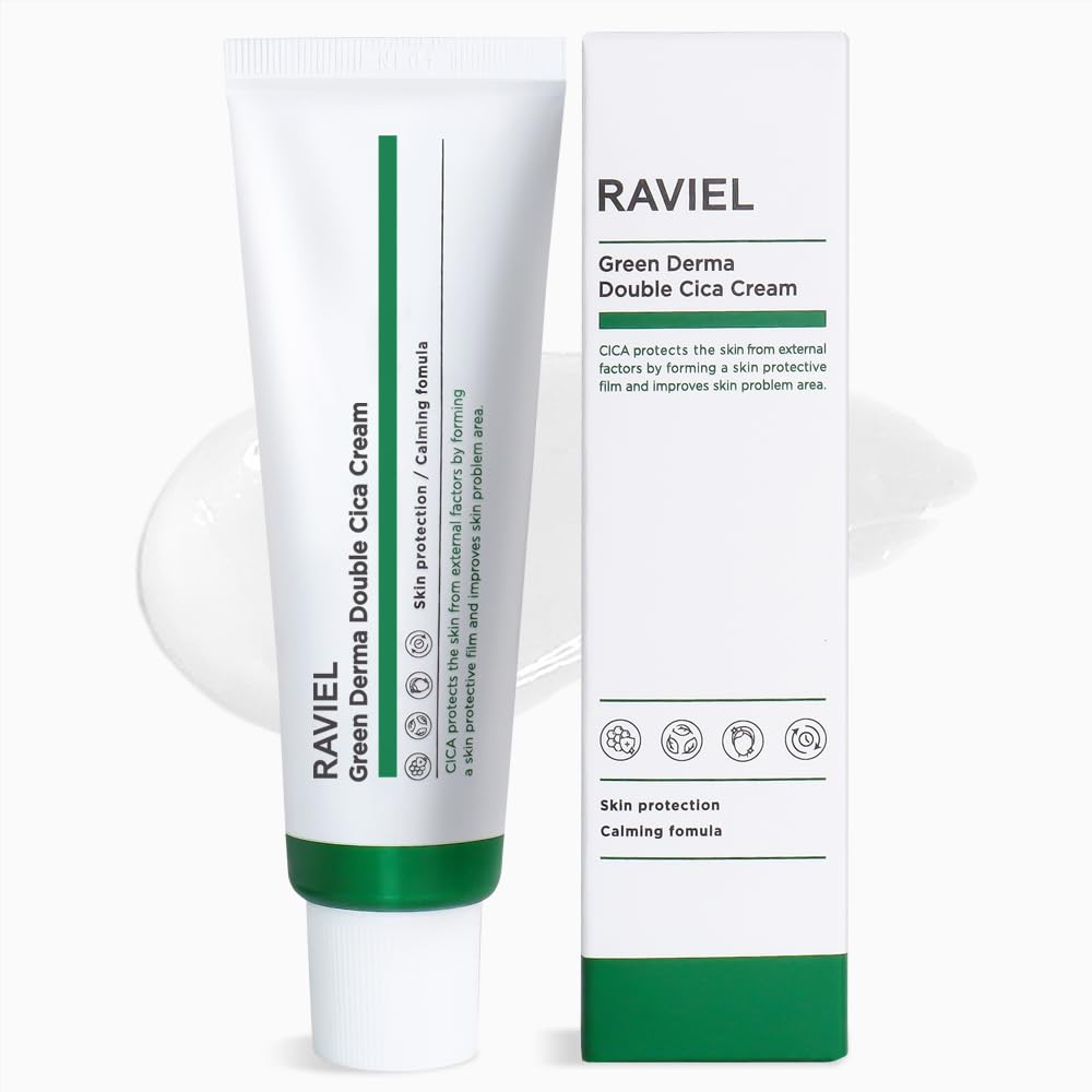 RAVIEL Green Derma Double Cica Cream, for All Skin Types, Gentle Moisturizer, Deep Hydrating, Brightening, Skin Protection, Anti aging, Calming, Soothing (1.7 fl oz), 1
