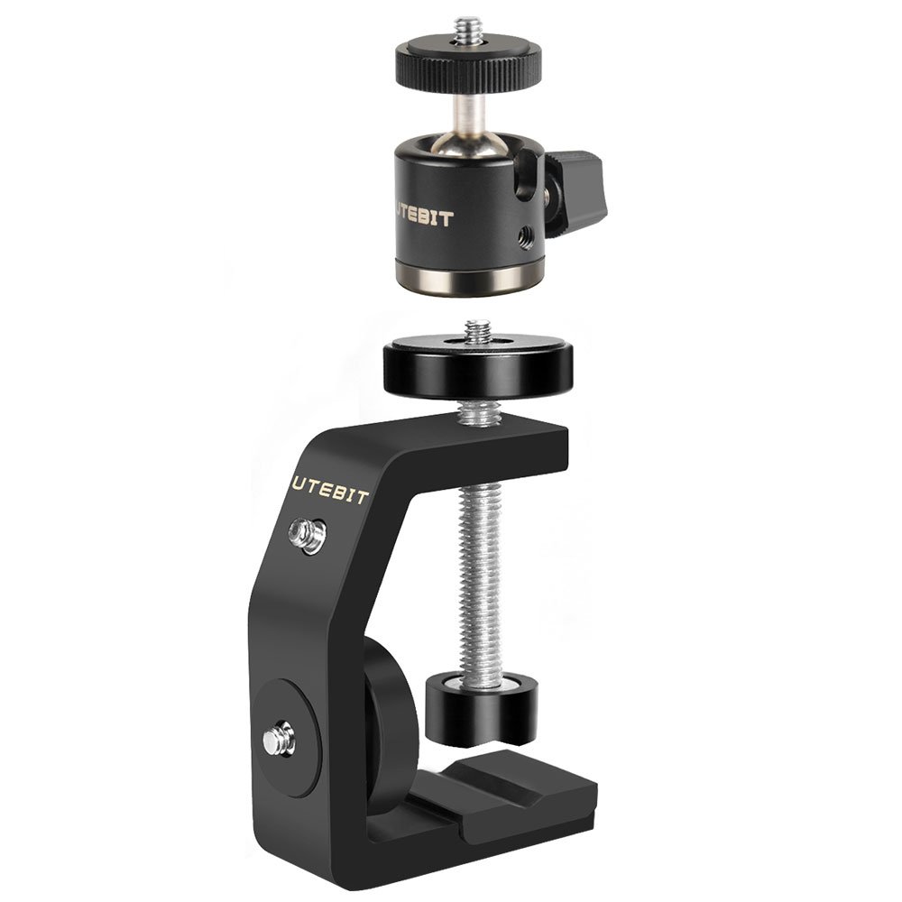 UTEBIT C Clamp Camera Mount, 360° Swivel Mini Ball Head, Aluminum Alloy Desk Clamp, Max Load 1.5kg/3.3lbs, for DSLR, Webcam, Monitor, Flash Light, Table, Shelf