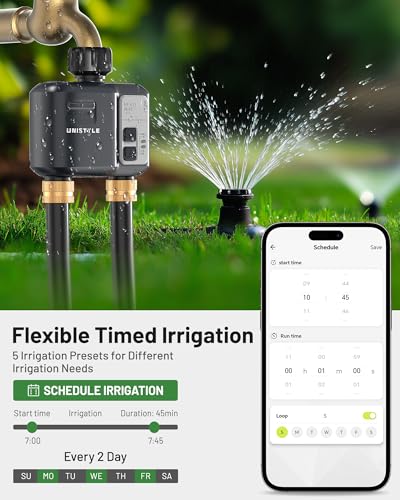 WiFi Water Timer 2 Zones, Unistyle Smart Hose Timer for Sprinkler Irrigation, Automatic Watering System Controller with 2 Modes, Compatible with Alexa and Google Home, Water Tap Valve for Garden Lawn