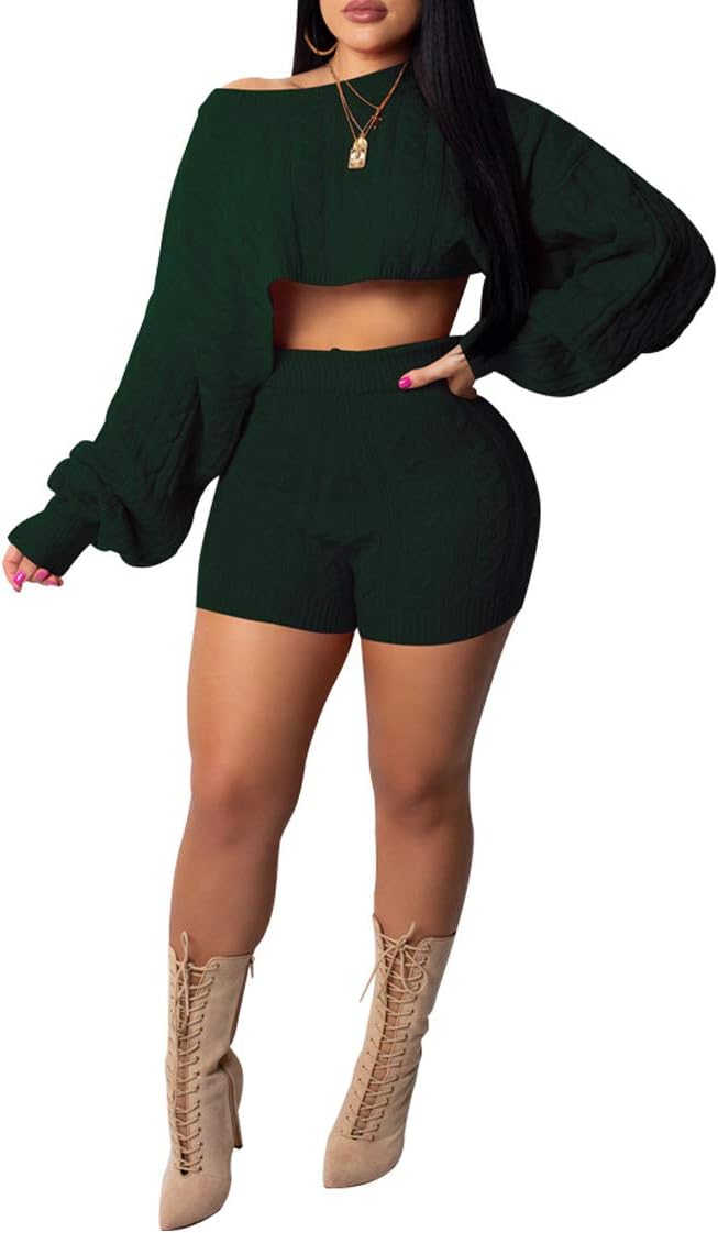 JUNBOON Women's Casual 2 Pieces Outfits Solid Long Sleeve Knitted Sweater Crop Top Bodycon Shorts Tracksuits Set