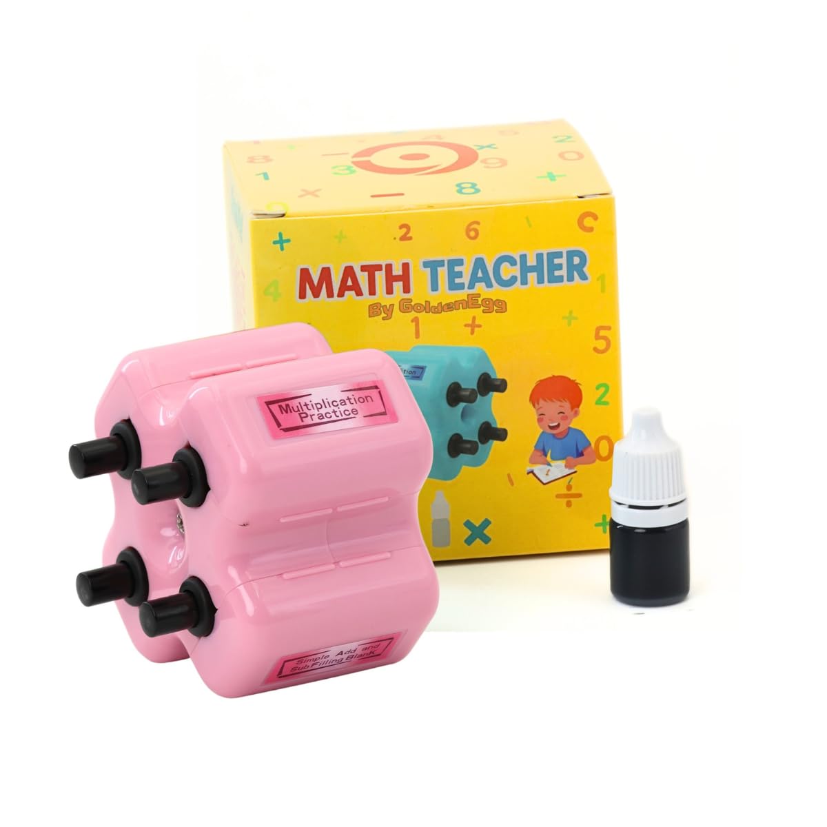 GoldenEgg Math Teacher 4-in-1 Math Roller Stamp, Addition, Subtraction, Multiplication & Fill-in-The-Blank Practice Tool for Kids, Classroom & Home Use (Pink)