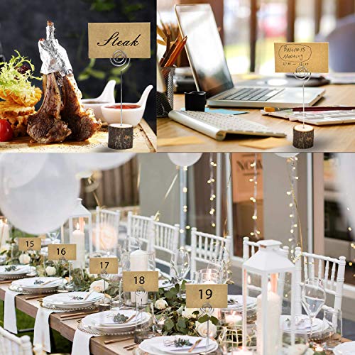 Pomeat 20 Pcs Table Card Holder Rustic Wood Base Wedding Card Holders with Swirl Wire and 20 Pcs Kraft Place Cards, 5.8 inch Photo Picture Note Clip for Wedding Home Party Table Decorations