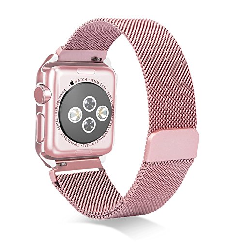 AHXLL Apple Watch Mesh Milanese Loop stainless Steel Replacement iWatch + Metal Protective case for Apple Watch Series 3, Series 2, Series 1, Sport& Edition (Rose Gold, 42MM)