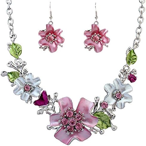 Wakerda Women's Crystal Necklace Earrings Set Artificial Diamond Stud Necklace Earrings Set Jewelry Colourful Flowers For Ladies Girls,Ideal