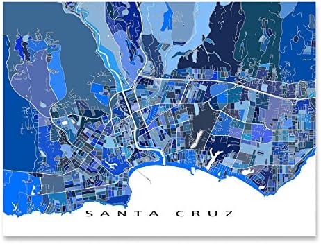 Santa Cruz Map Print, California, USA, City Street Art, Blue