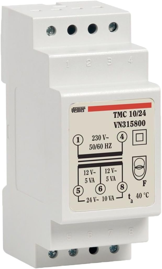 VEMER VN315800 TMC 10VA 230V/12-24V DIN Rail Transformer (70.0 Amps, Failure Proof Insulation), Continuous Service, Made in Italy