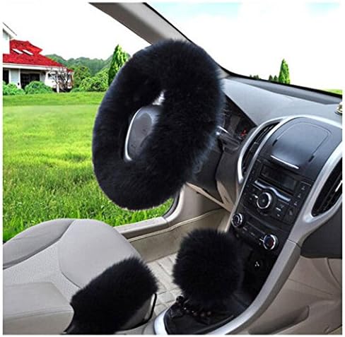 Azisen Long Wool Fuzzy Super Soft Auto Car Steering Wheel Cover Protector with Handrake Cover and Gear Shift Cover Universal - 3pcs in 1 Set (Black)