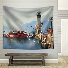 Fishing Boat in Harbor at Morning,Watercolor Painting Style - Fabric Wall Tapestry Home Decor - 51x60 inches