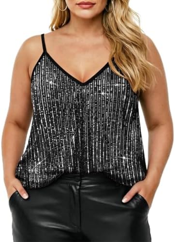 トップス gajess glitter camisole HGps8w Womens Plus Size Sequins Tank Tops Sexy V Neek Sparkle