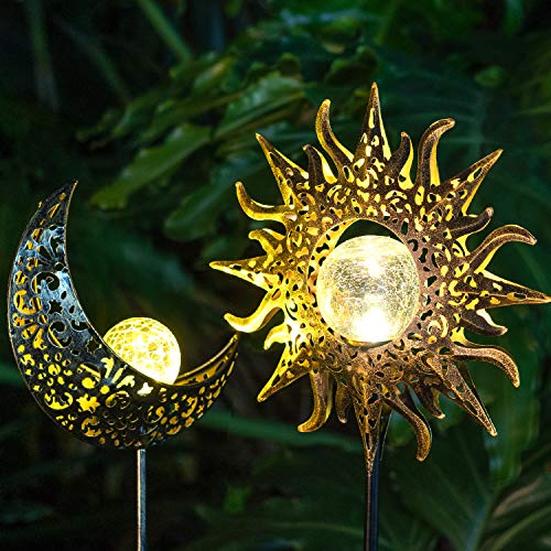 Solar Lights Outdoor Decorative Garden Waterproof Metal Sun Moon Stakes Decor Solar Powered Garden Art Crackle Glass Globe Lights For Walkway Yard Lawn Patio Pricepulse