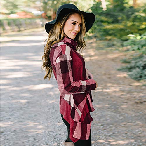 TIFENNY Women's Roll-Neck Plaid Stripe Pullover Spring Long Sleeve Irregular Hem Tops Blouse Shirt Sweatshirt Red - Thumbnail 6