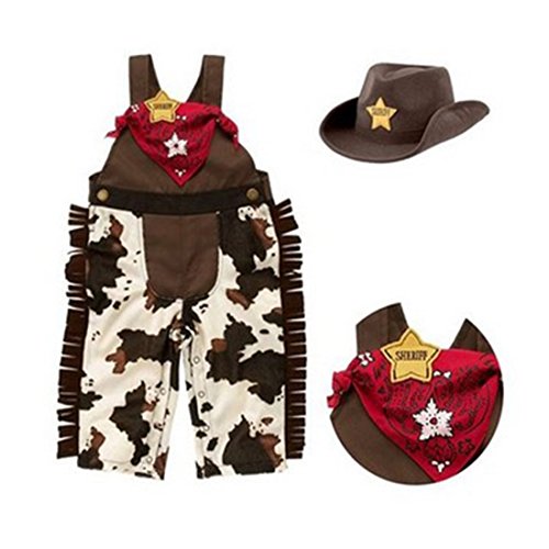Baby Boy Kid Costume Sheriff Cowboy Overalls Hat Handkerchief Bodysuit Toddler (80(6-12 Months), Brown)