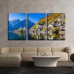3 Piece Canvas Wall Art - Scenic Picture-Postcard View of Famous Hallstatt Mountain Village with Hallstaetter Lake - Modern Home Art Stretched and Framed Ready to Hang - 16"x24"x3 Panels