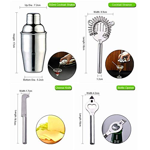 DenSan Cocktail Shaker Set 8 Piece Stainless Steel Professional Bartender Kit, with Stirrer/Bottle Opener/350ml Ice Tongs/Double Jigger/Corkscrew/Cheese Knife/Strainer/Storage Rack (S-1), Silver