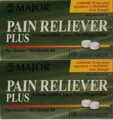 Headache Pain Relief Generic for Excedrin Extra Strength Acetaminophen Aspirin & Caffeine Tablets 100 Per Bottle Pack Of 2 Total 200 Tablets