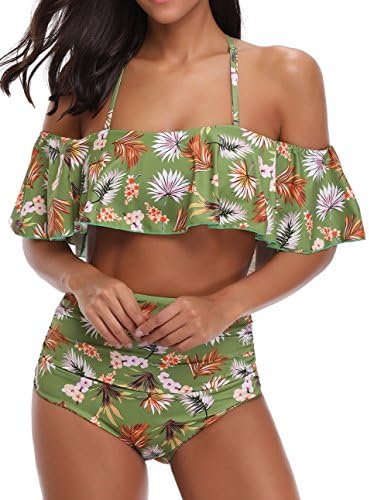 SHANWU Womens 2 Pieces Swimsuit with Off Shoulder Ruffled Print Bikini Set Bathing Suit Swimwear(FBA)