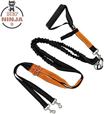 Pet Ninja Premium Non-Tangling Dual Dog Leash With Comfortable Soft Grip Foam Rubber Handle And Integrated "Shock Absorbing Bungee" with a Receiving Plastic Buckle