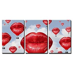 3 Piece Canvas Wall Art - Love Balloons as a hot air Balloon Made of Human red Lips Soaring up to The Blue Sky - Modern Home Art Stretched and Framed Ready to Hang - 16"x24"x3 Panels