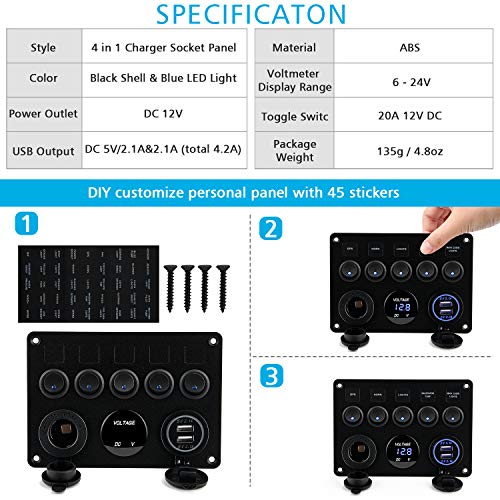 Kohree 4/5/6 Gang Marine Boat Rocker Switch Panel, 12V Waterproof RV