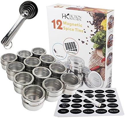 12 Multipurpose Magnetic Spice Tin Set for Fridge Storage – Round Stainless-Steel Spice Jar Container with Clear Shaker Lids - Includes 96 Printed, 54 Blank Labels, Chalk Pen and 4 Measuring Spoons