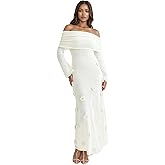 LETSVDO Women's Off The Shoulder Crochet Maxi Dress Long Sleeve Bodycon 3D Floral Knit Mesh Sweater Sexy Party Dresses