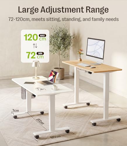 MAIDeSITe Height Adjustable Electric Lift Table, 120 x 60 cm Standing and Sitting Table with Cable Tray, Hook and Storage Pockets, Lift Table with Memory Controller