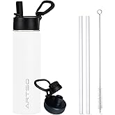 ARTSO 24oz Stainless Steel Insulated Water Bottle with Straw & Two Lids,Double Walled Vacuum Insulated Leak Proof Hot Cold Water Bottles, White