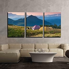 3 Piece Canvas Wall Art - Landscape in The Mountains Camping. Ukraine, The Carpathian Mountains - Modern Home Art Stretched and Framed Ready to Hang - 16"x24"x3 Panels