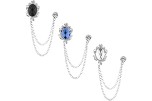 Shuxy Men's 3PCS Hanging Chain Brooch Black White Blue Stone Detailing with Engraving Metal Crystal Suit Stud Lapel Pin Vintage Rhinestone Wedding Brooch Pin, Silver