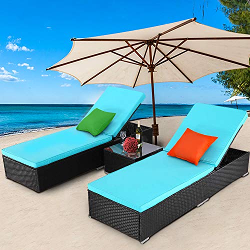 TUSY 3 Pieces Patio Chaise Lounge Sets, Outdoor Rattan Lounge Chairs with Coffee Table, Adjustab ...