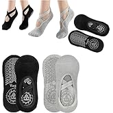 2 Pairs Grip Pilates Yoga Socks for Women, Non-slip Yoga Athletic Socks for Barre Ballet Barefoot Workout Gym, [Black+Grey ]