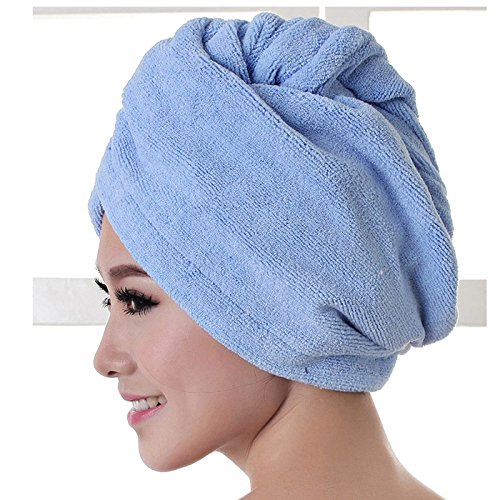 Crytech Microfiber Quick Magic Hair Dry Towel Wrap Hat Anti-Frizz Turban Twist Bath Shower Hair Drying Head Towels with Button Super Absorbent for Long Curly Hair Wrapped Dryer Cap (Blue)