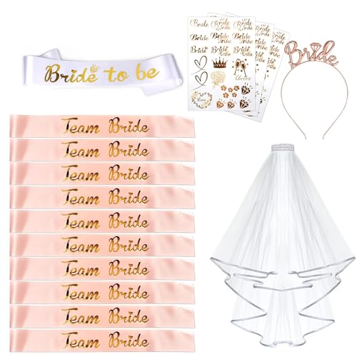 KASTWAVE Hen Do Accessories, 16 Pcs Bride to Be Sash and Veil, Wedding Photo Booth Props Kit for Hen Party Accessories Rose Gold Wedding, Bachelorette Party, Hen Party Decoration and Night Party Games