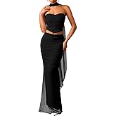ChiaoLezhee Mesh Floor-Length Skirt-Set, Corset Tube-Top with Scarf, Semi-Formal Wedding-Guest, Strapless Bodycon Ruched Long