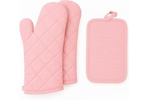 FXIAOY Silicone Oven Mitts and Hot Pads Set – Heat Resistant to 500°F, Waterproof Non-Slip, Easy to Clean, Stain & Odor Resistant, Soft Lining, Kitchen Essentials & Gadgets for Cooking(v Color Pink)