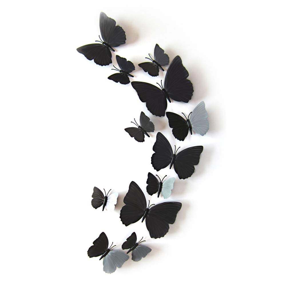 JUN-H 12 Piece 3D Butterflies Wall Stickers Decal Waterproof PVC Sticker Home DIY Wall Art Wall Decoration for Apartment, Room Decoration Glue Dots + Magnet (Black)