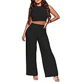 Women's 2 Piece Outfit Casual Lounge Set - Comfy Ribbed Knit Crop Top Pants Sweatsuit Trendy Going Out Tracksuit for Women
