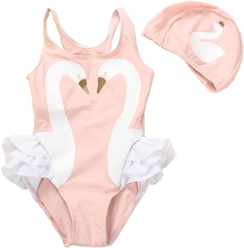 Sallyshiny Toddler Kid Baby Girls Swimwear Swimsuit Swan Bathing Suit Bikini Beachwear Top + Cap Summer Set Jumpsuit