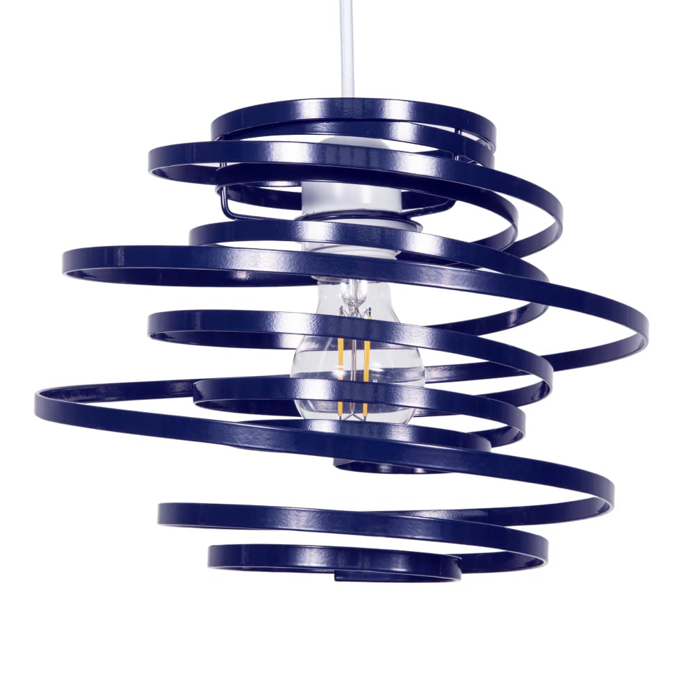 Modern Designer Dark Navy Midnight Blue Gloss Metal Double Ribbon Spiral Swirl Ceiling Light Pendant Shade | 23cm Diameter | 60w Maximum by Happy Homewares
