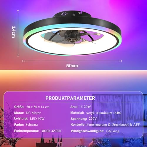 TYJY RGB Modern Silent Ceiling Fan with Light, 60 W Dimmable LED (3000 K-6500 K) RGB Ceiling Fans with Remote Control APP, Timer, 6 Speed, for Living Room, Bedroom, Black