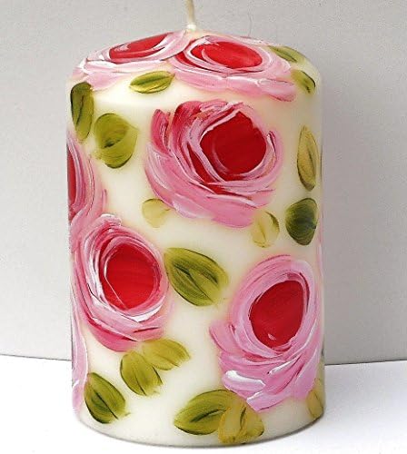 Romantic Decorative Hand Painted Pink Roses 4 Inch Tall Off White Ivory Short Pillar Candle Romantic Shabby Chic Decor Flower Decorations