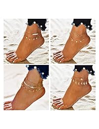 Anlsen - Juego de 12 tobilleras para mujer y niña, plata y oro, pulsera de tobillo con capas boho, cadena ajustable para la playa