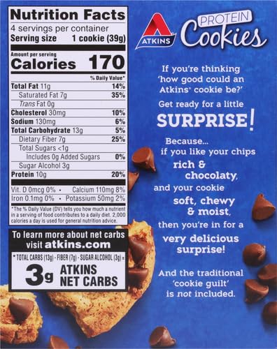 ATKINS CHOCOLATE CHIP PROTEIN COOKIE, PROTEIN DESSERT, RICH IN FIBER, 3G NET CARB, 1G SUGAR, KETO FRIENDLY, 4 COUNT