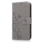 S5 Case,Galaxy S5 Wallet Case - Mavis's Diary Premium PU Leather Embossed Floral Butterfly Fashion Pattern Magnetic Clasp Card Holders Flip Folio Cover for Samsung Galaxy S5 I9600 & Hand Strap (Gray)