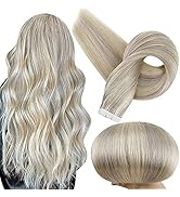 Full Shine Remy Tape in Hair Extensions Human Hair 18 Inch Blonde Highlighted Gray PU Hair Extens...