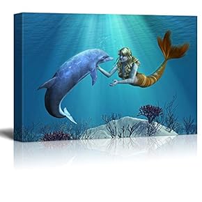 Friendly Dolphin Greets Mermaid - Canvas Art