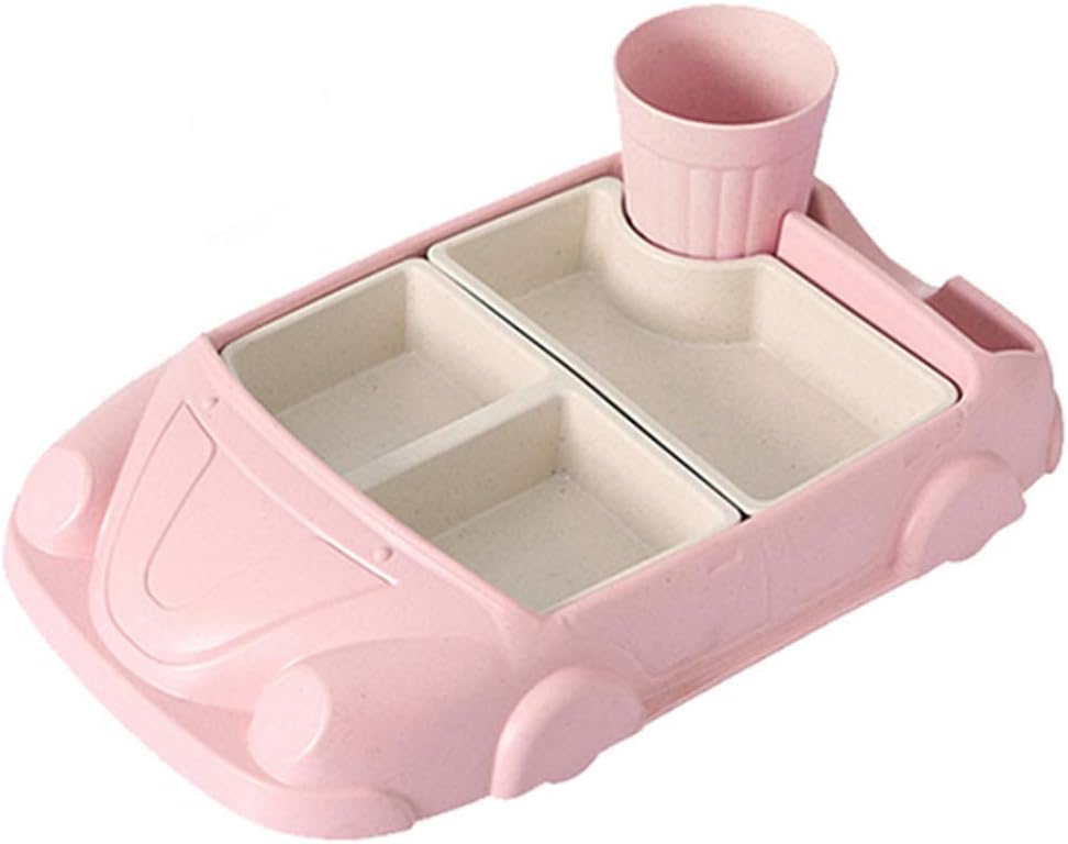 yingyue Children Feeding Tableware Set,Cartoon Car Shape Feeding Plate Food Tray Bowl and Cup Set Pink
