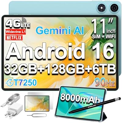 P50 Tablet 11 Pollici 90Hz Tablets Android 16, T7250 2GHz Octa-Core, 32GB RAM+128GB ROM(TF 6TB), 8000mAh, Dual SIM 4G LTE+5G WiFi, Widevine L1/13MP/GPS/OTG, Gemini AI Tablet con Penna+Custodia