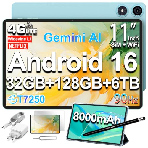 TECLAST P50 Tablet 11 Inch 90Hz Tablets Android 16, T7250 2GHz Octa-Core, 32GB RAM+128GB ROM(TF 6TB), 8000mAh, Dual SIM 4G LTE +5G WiFi, Widevine L1/13MP/GPS/OTG, Gemini AI Tablet with Pen+Case